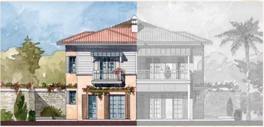 Portville A tipi villa ön cephesi (Villa 9), ikiz bloğun sol villası